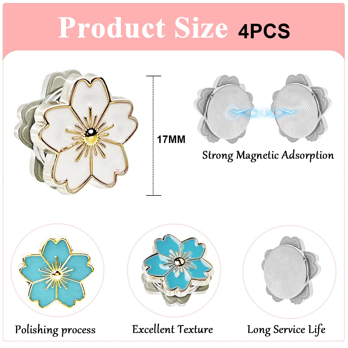 Venzina® 4 Pairs Magnetic Hijab Pins for Scarf Floral Hijab Magnetic Pin Multi-Use Elegant Sakura Pinless Hijab Magnets for Women Scarves