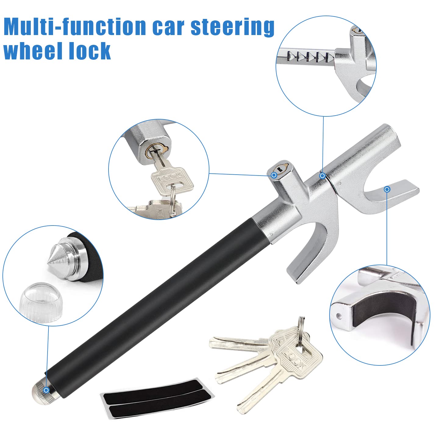 ELEPHANTBOAT Car Steering Wheel Lock for Auto Truck SUV with 3 Keys and Retractable Steel | Adjustable 6.7–10.4 in Design featuring Soft Foam Handle