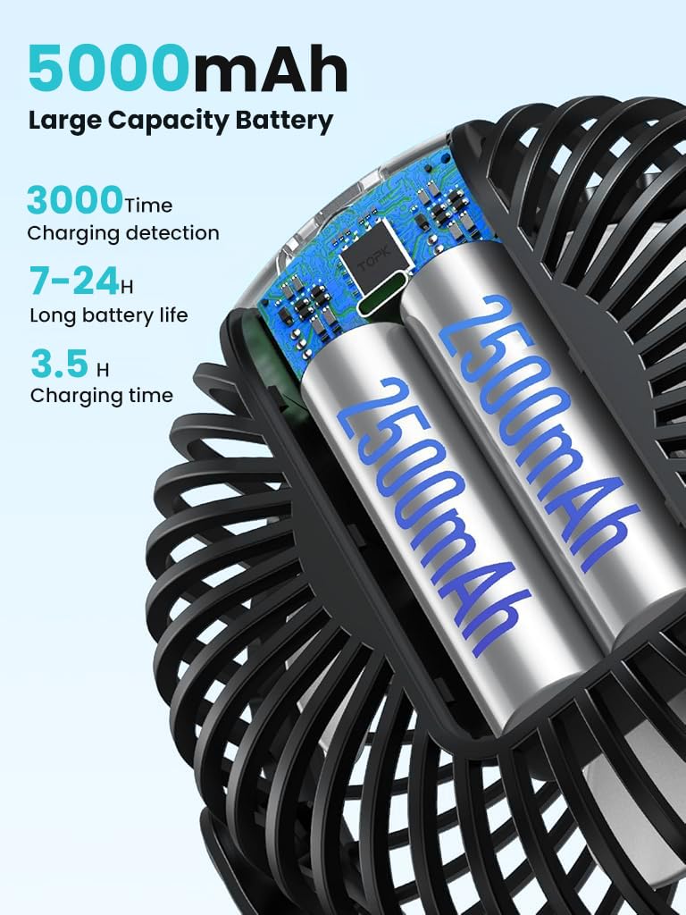 Verilux USB Desk Fan for Stroller and Desk with 5000mAh Battery featuring Clip and 4 Speeds