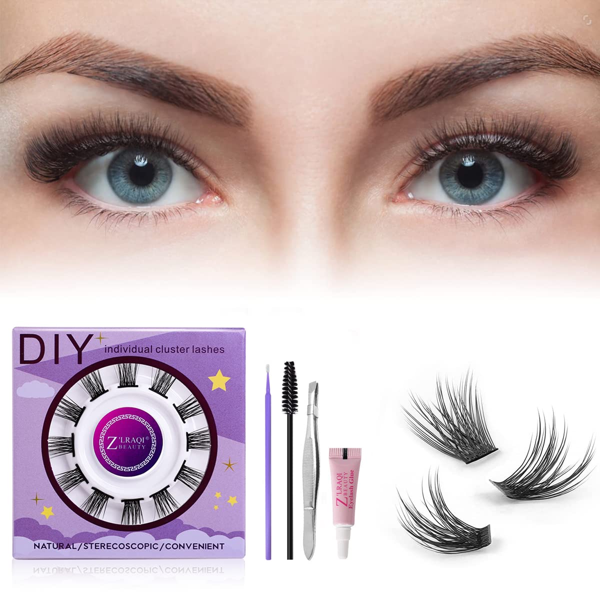 MAYCREATE False Eyelash Kit for Natural 3D Eye Look featuring 12pcs 13mm Cluster Lashes | Includes Glue and Tools
