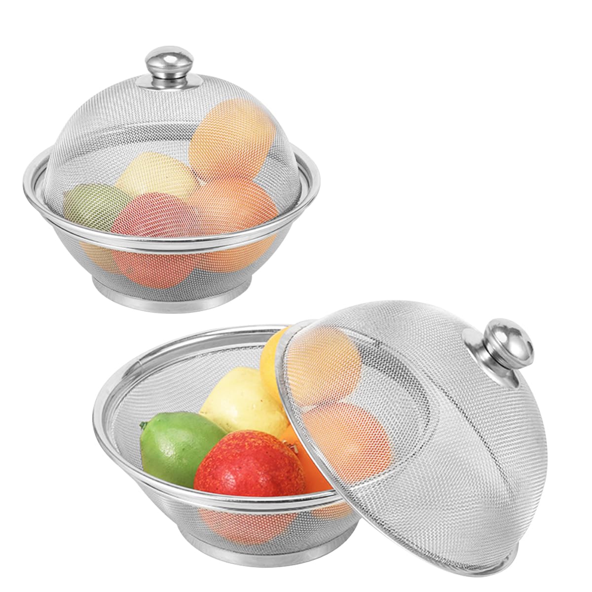 HASTHIP® 2Pcs Fruit Basket for Dining Table Large 25cm/28cm Stainless Steel Fruit Basket with Lid Net Cover Protective Fruits Vegetables Food Storage Strainer Basket for Kitchen, Home, Dining