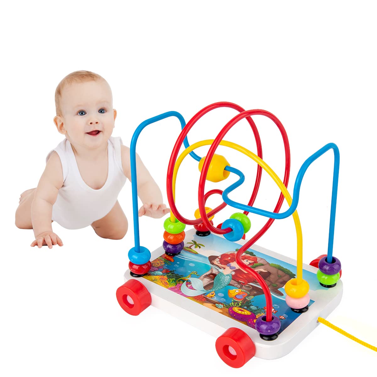 PATPAT Wooden Trailer Toy for Toddlers 1-3 with Color Beads Maze and Pull Rope | Montessori Learning