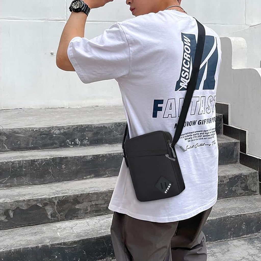 GUSTAVE Messenger Bag for Men with 2 Main Zipper Compartments and Waterproof Nylon | Classic Black 16×9×23 cm Crossbody for Office and Travel