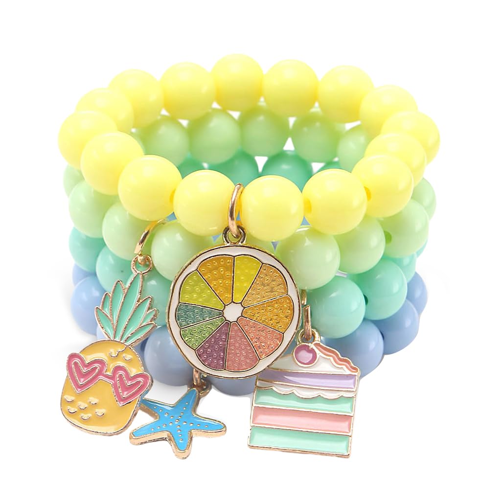 SANNIDHI 4Pcs Beads Bracelet for Girls Kids Cartoon Friendship Bracelet Fashion Acrylic Candy Color Beaded Hand Bracelets with Enamel Charms, Children's Day Gift for Girls