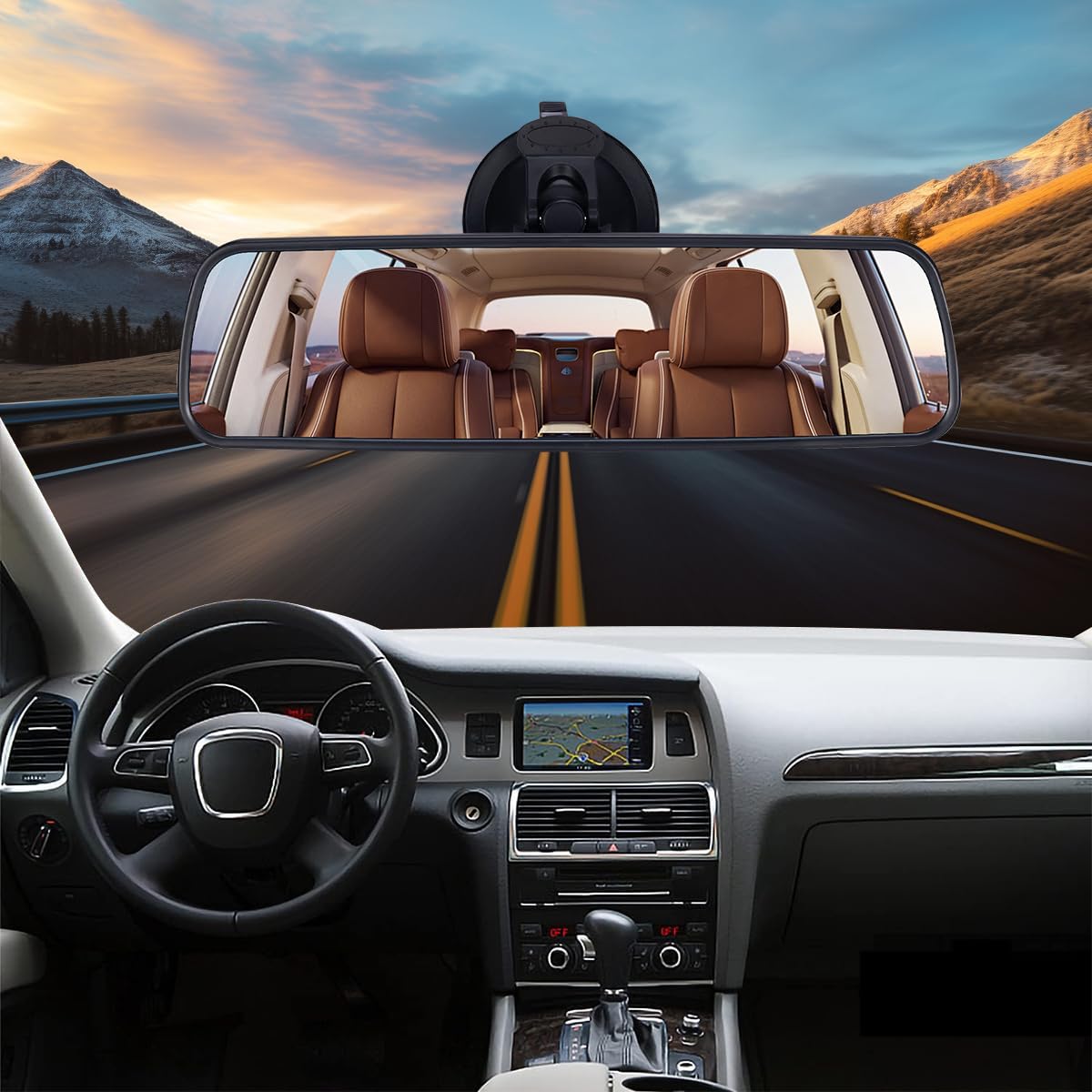 STHIRA Rear View Mirror for Car with 9.4 in Wide HD Glass and 7 cm Suction Cup Base | 270° Adjustable Anti Glare Interior Mirror