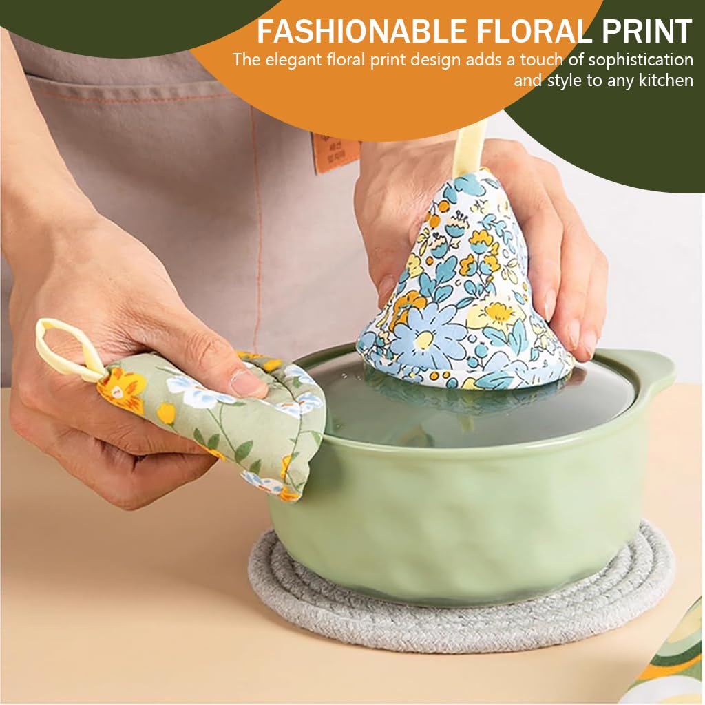 HASTHIP Kitchen Pot Ear Grips for Lids and Handles featuring Cone Shaped Design & 3Pcs Set | Thick Cotton Heat Resistant Floral Print