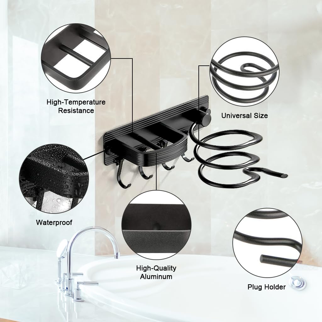 HASTHIP Hair Dryer Stand for Wall with 4 Hooks and Nail Free Installation | Aluminum Alloy Organizer for Bathroom and Salon