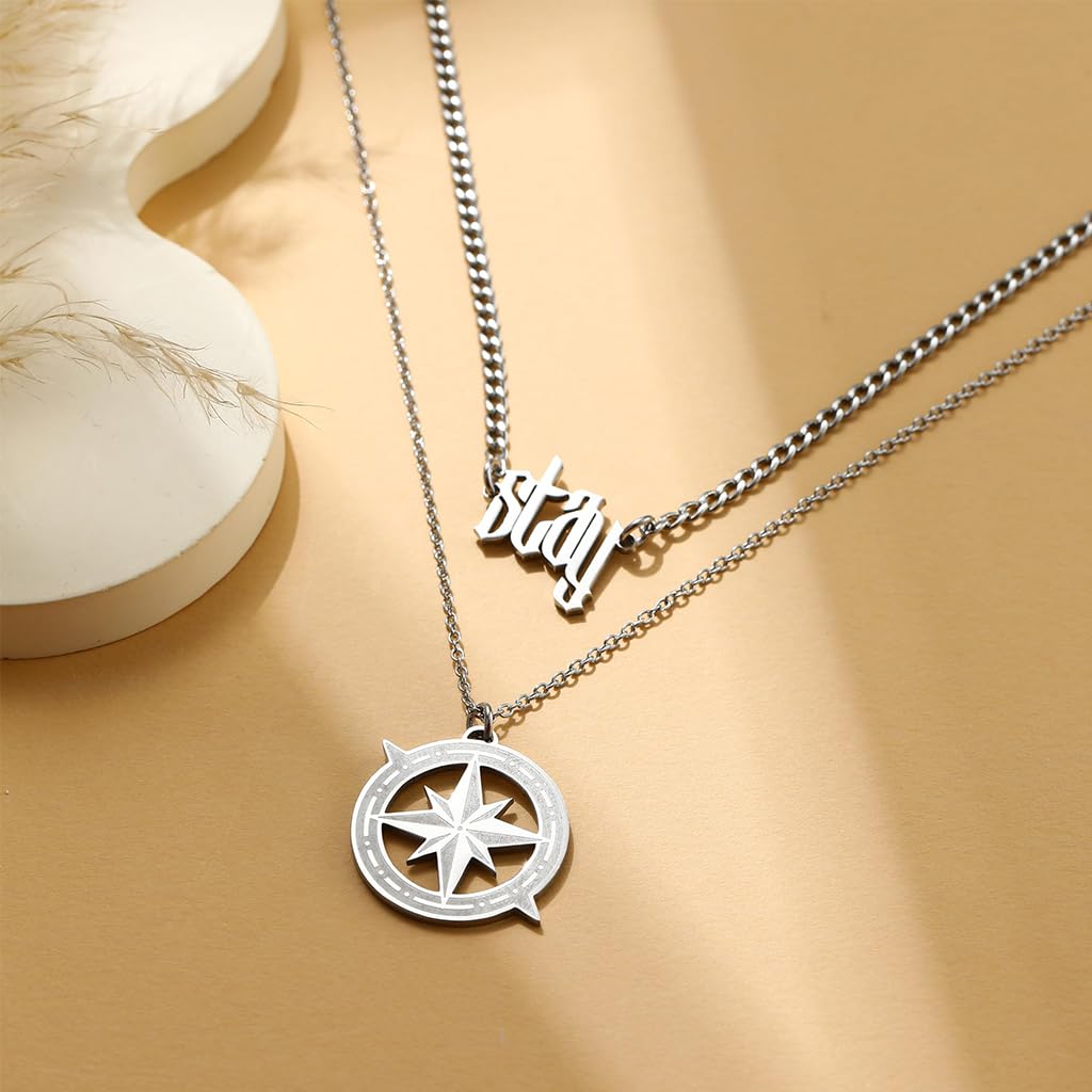 SANNIDHI Stray Kids Necklace Set for Fans with Stay and Compass Pendants | Silver Jewelry