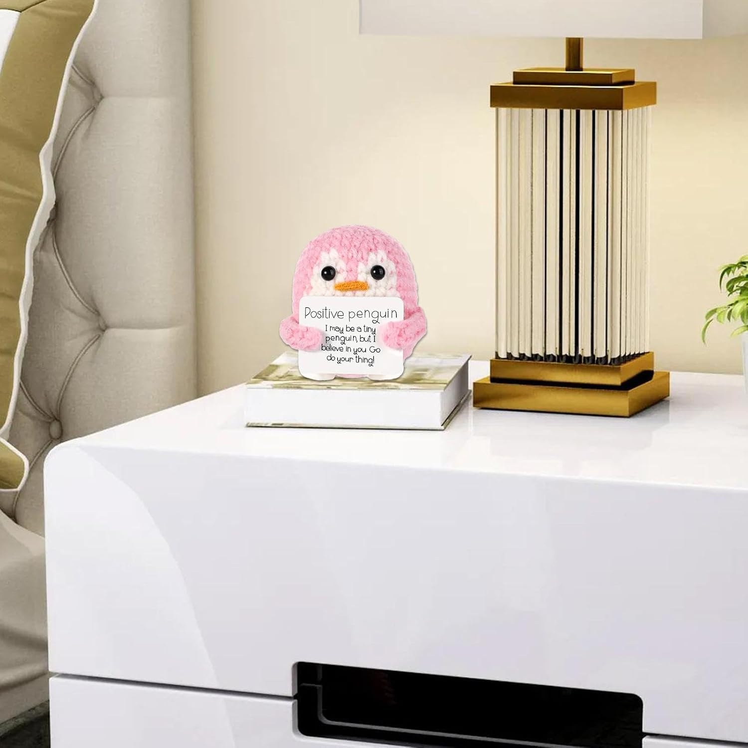 ZIBUYU Handmade Crochet Penguin Desk Decor for Office and Nursery with 2.35 in Size | Cute Motivational Gift Set 3 PCS Pink