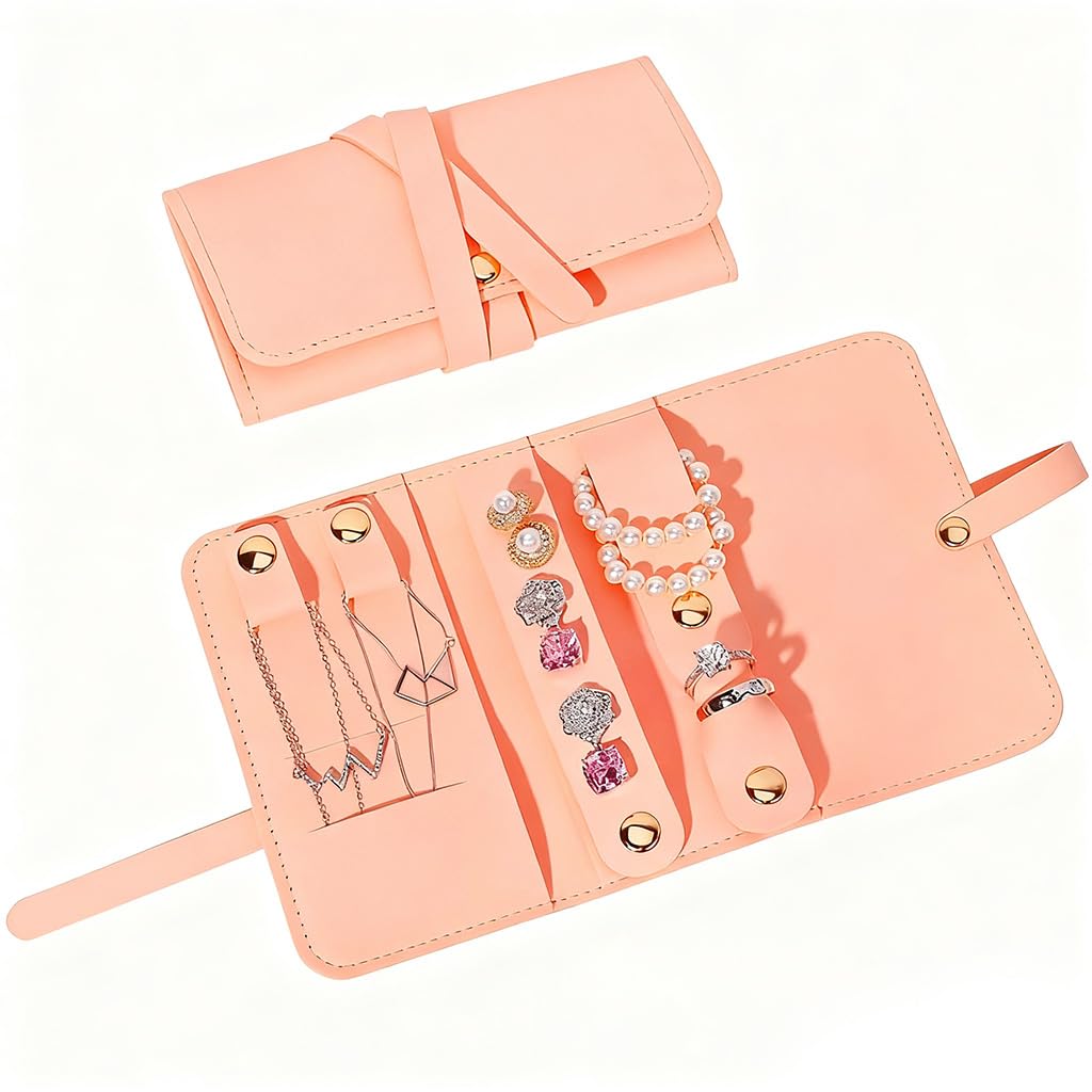 MAYCREATE Jewellery Organiser Pouch for Travel with Roll Up Strap 12 x 6.8 x 1.5 cm Pink PU | Ideal for Women and Girls