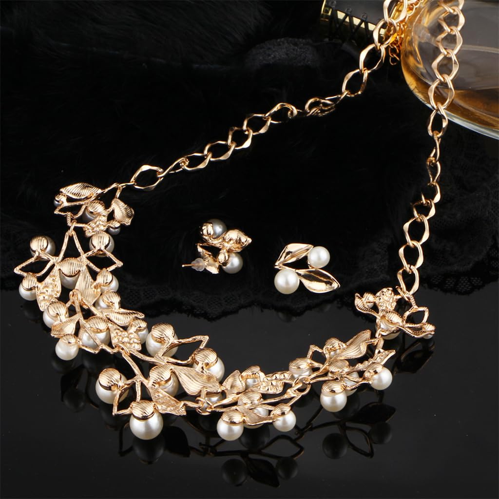 Zibuyu Necklace and Ear Studs Combo Set featuring Floral Pearl Design with Golden Finish | Elegant Women Jewelry Gift