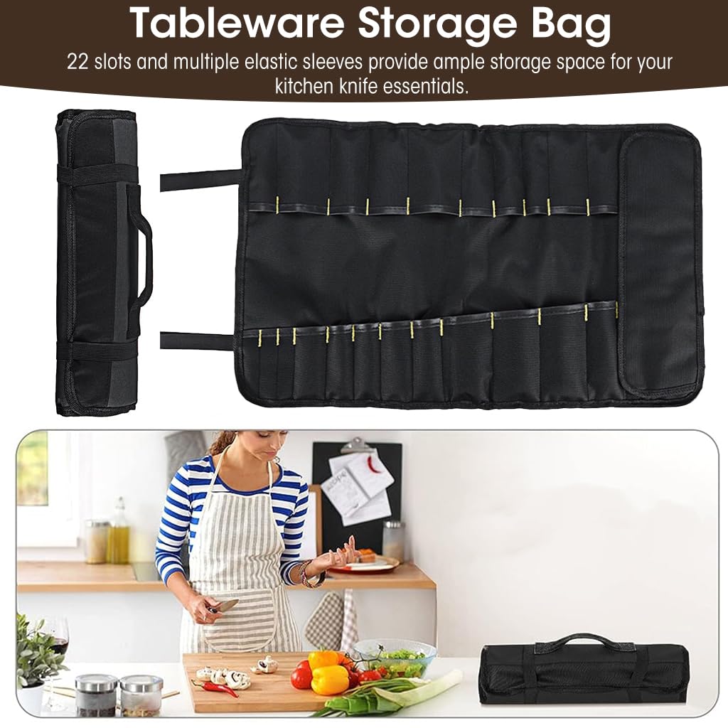 Zibuyu Kitchen Cutlery Organizer Bag for Chefs with 22 Slots and Ergonomic Handle | Black Oxford Cloth