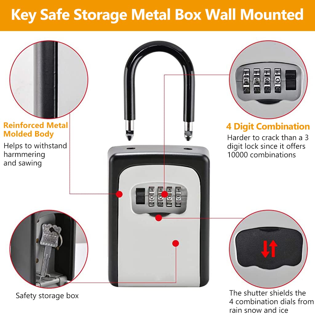 HASTHIP® Metal Key Safe Combination Storage Box Wall Mounted, Waterproof Lock Box for House Key, 5 Key Capacity, Weatherproof Resettable Code House Key Safe Lock Box for Indoor, Outdoor (Black)