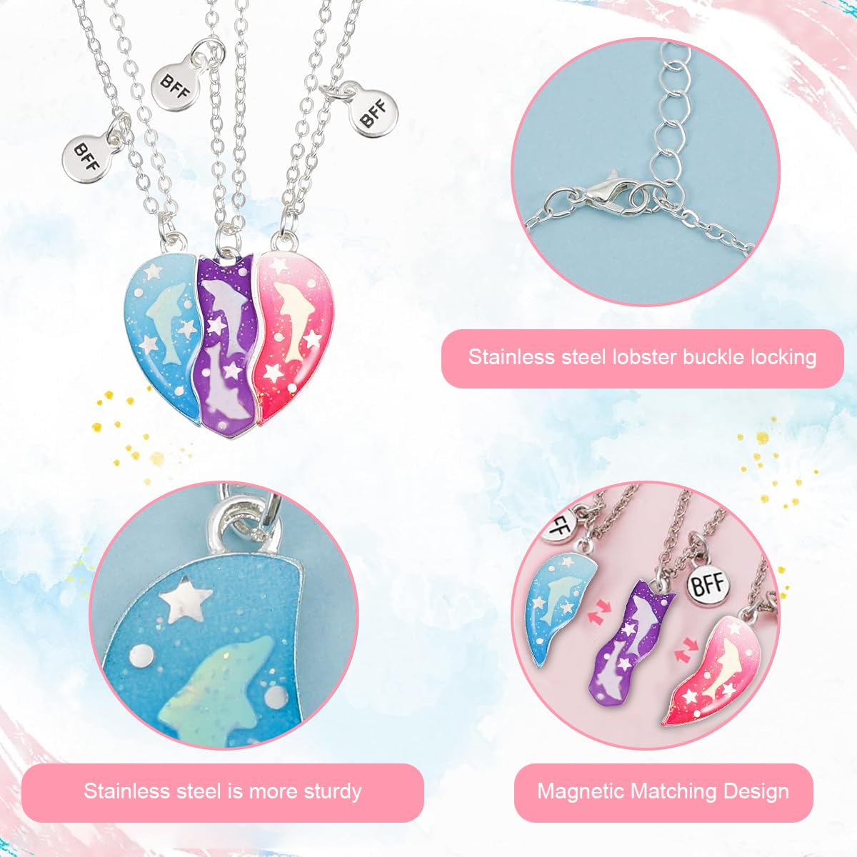 Zibuyu Friendship Necklace Set for Girls featuring 3pcs Colorful Dolphins Enamel Heart Charm