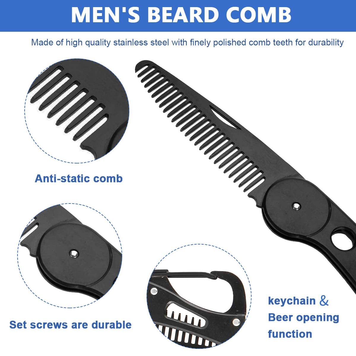 MAYCREATE Beard Comb for Men with Folding Bottle Opener and Leather Sleeve | Stainless Steel Grooming Tool