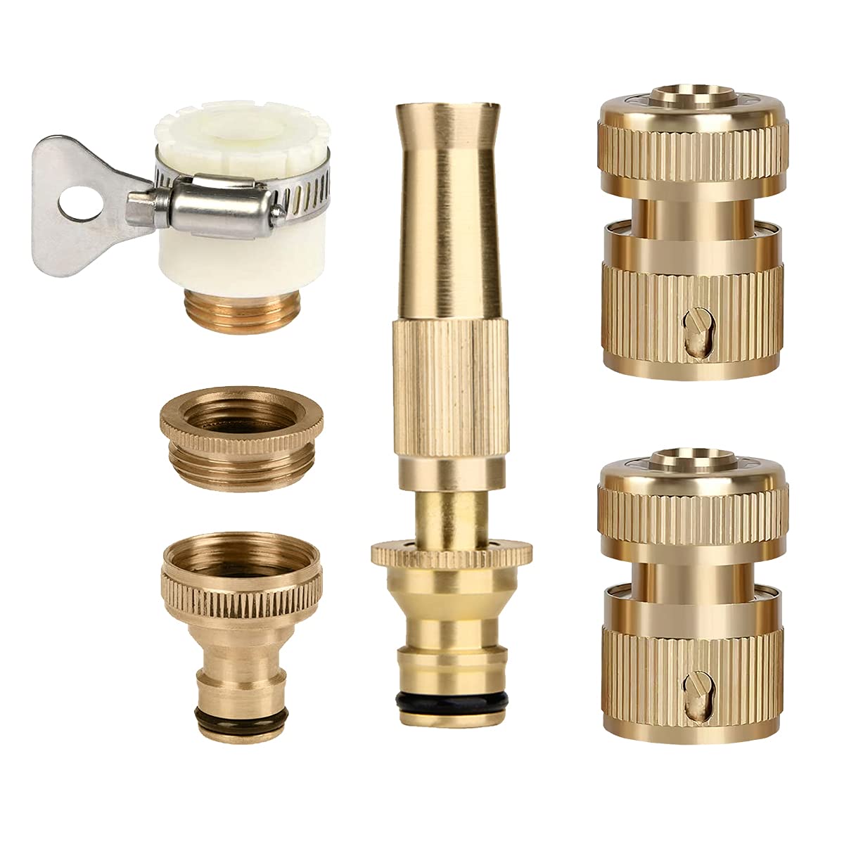 HASTHIP 5 in 1 Set Universal Tap Connector,Tap Connector Brass Adapter Quick Release Coupling,Brass Spray Nozzle,Pipe Connector for Tap 1/2 and 3/4 inch.