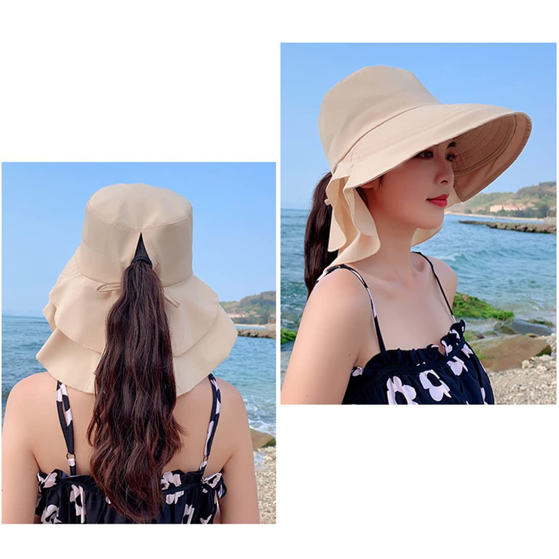 PALAY® Fashion Wide Brim Hat for Women UV Protection,Summer Sun Hat with Ponytail Hole Back Neck Flap Cover for Girl Women-Navy Blue