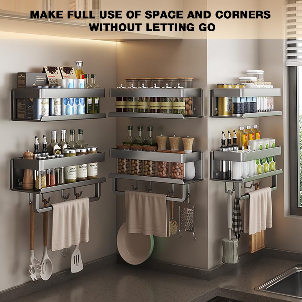 Supvox Wall Mount Spice Rack Organizer 23.6 in for Kitchen Use with No Drill Adhesive | Carbon Steel Rack with Hooks and Dish Towel Holder