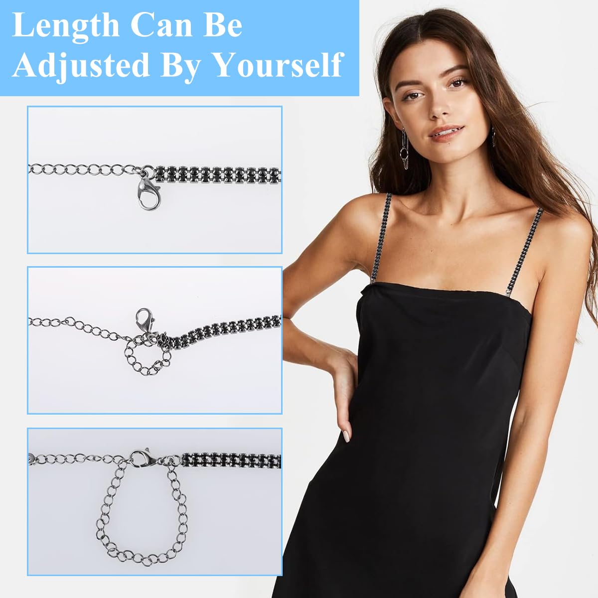 MAYCREATE Metal Bra Straps for Evening Dress with Dual Metal Hooks and Rhinestones | Adjustable 28–43 cm Black and Silver