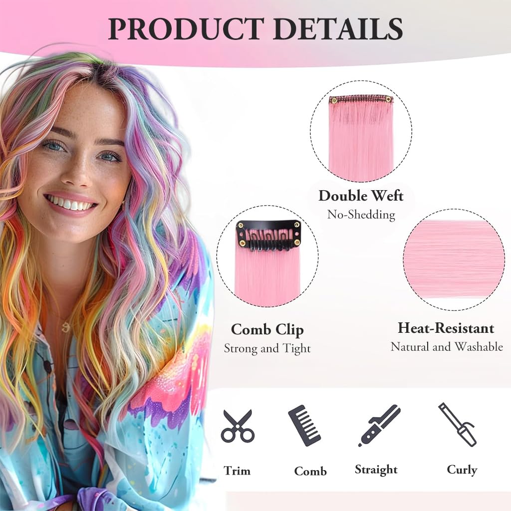 ZIBUYU 5 Pcs Pink Hair Extensions Clip in Hairpiece Accessories, 22 Inch Long Streak Straight Ins Heat Resistant Colored Synthetic, Using for Halloween Costume Party Play Highlights