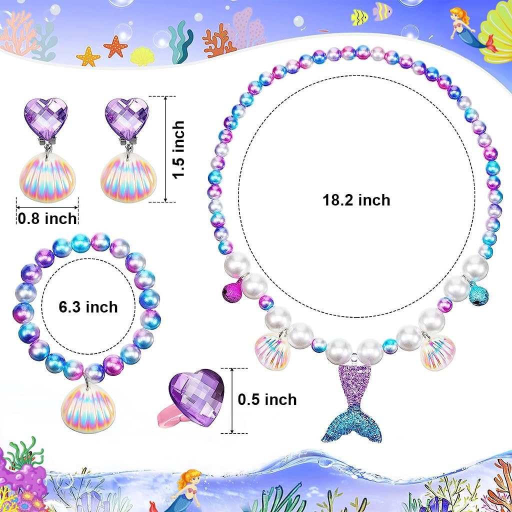 Venzina® Kids Jewellery Set for Girls, Mermaid Princess Crown, Necklace, Bracelet, Earrings and Ring Set, Mermaid Theme Party Dress up Jewelry Gift for Girls 4-12 Years Old