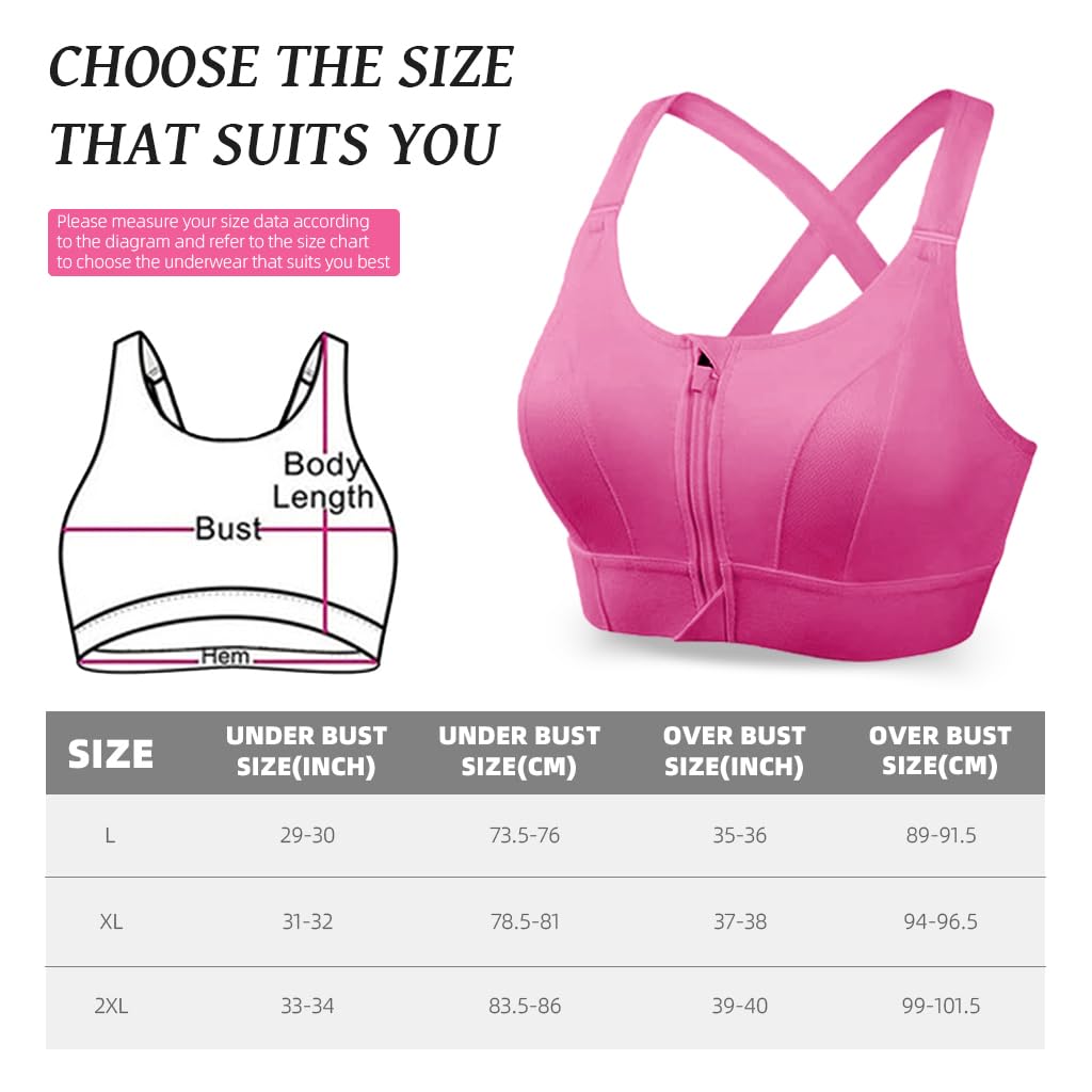 PALAY Sports Bra for Women with Front Zip Racerback Support and Pink Polyester Fabric