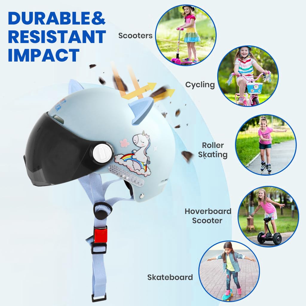 Proberos Kids Bike Helmet for 7–14 Year Riders with UV Visor and ABS EPS Impact Cushioning | Cartoon Unicorn Design Blue 2PCS