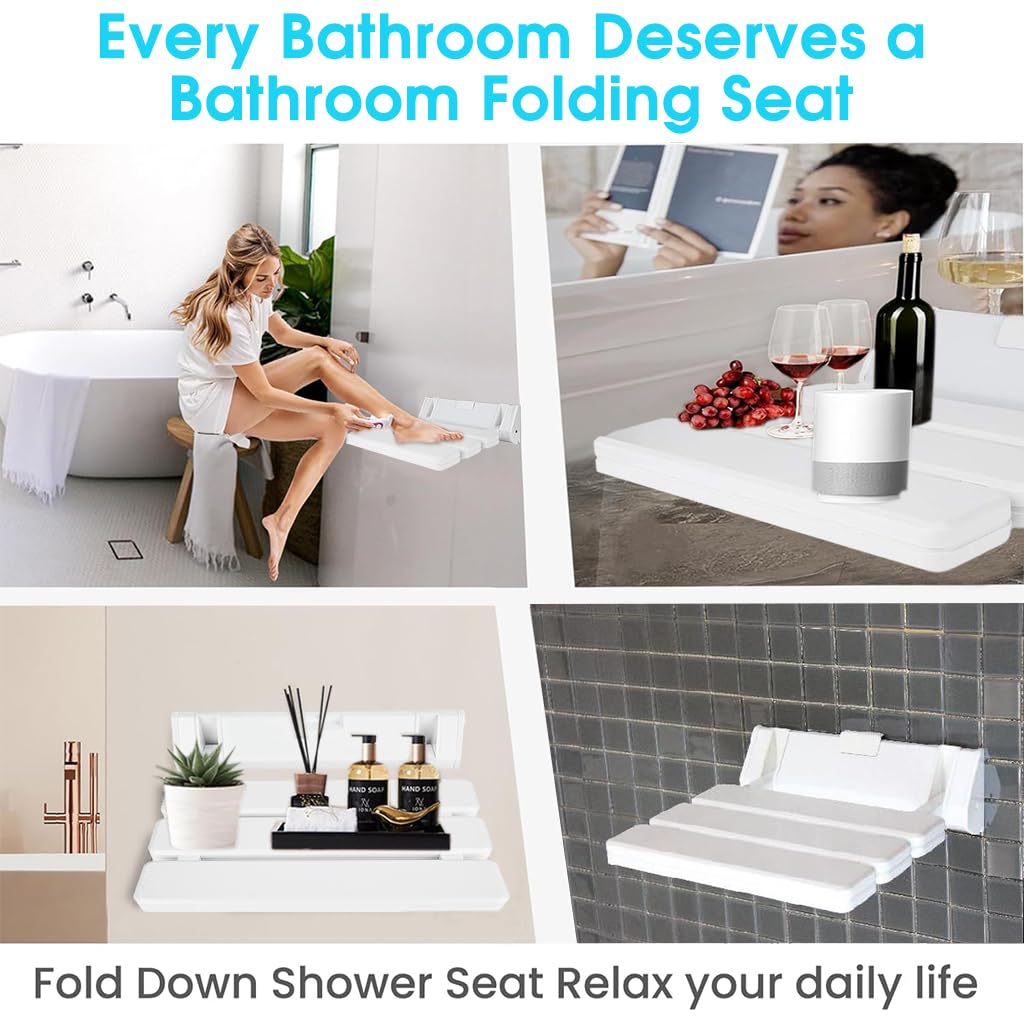 HANNEA Folding Shower Seat for Bathroom with 32×32 cm Wall Mounted Design | ABS White Chair for Seniors and Kids