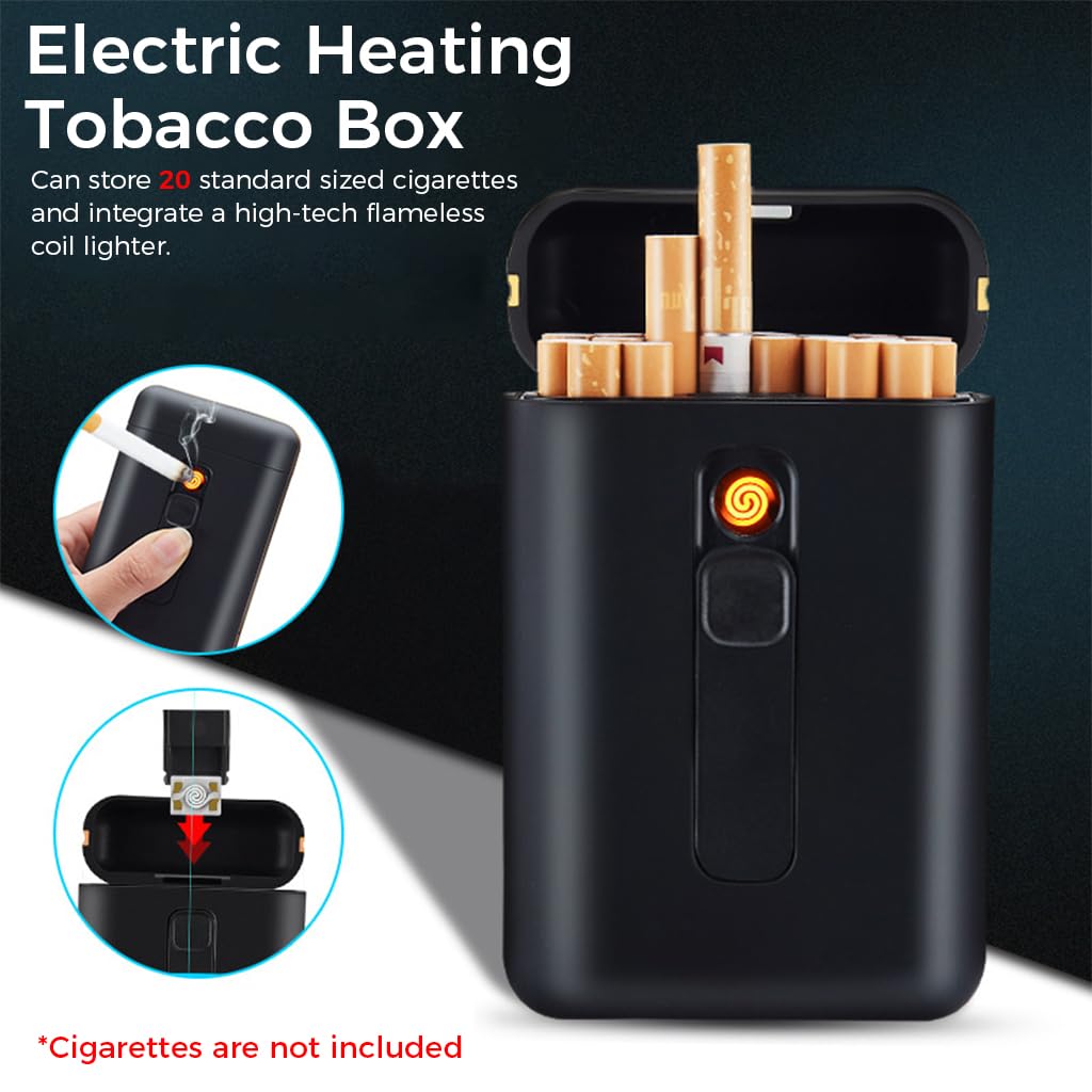 GUSTAVE 2 in 1 Cigarette Case with USB Rechargeable Flameless Coil Lighter for Men | Holds 20 Regular Cigarettes Black