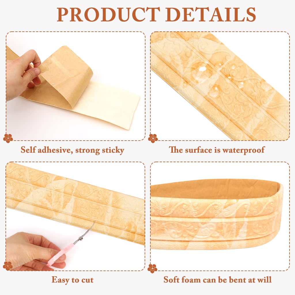 HASTHIP Peel and Stick 3D Foam Molding Trim for Walls with Floral Embossing 2.3 m x 7.8 cm Yellow 2 pcs