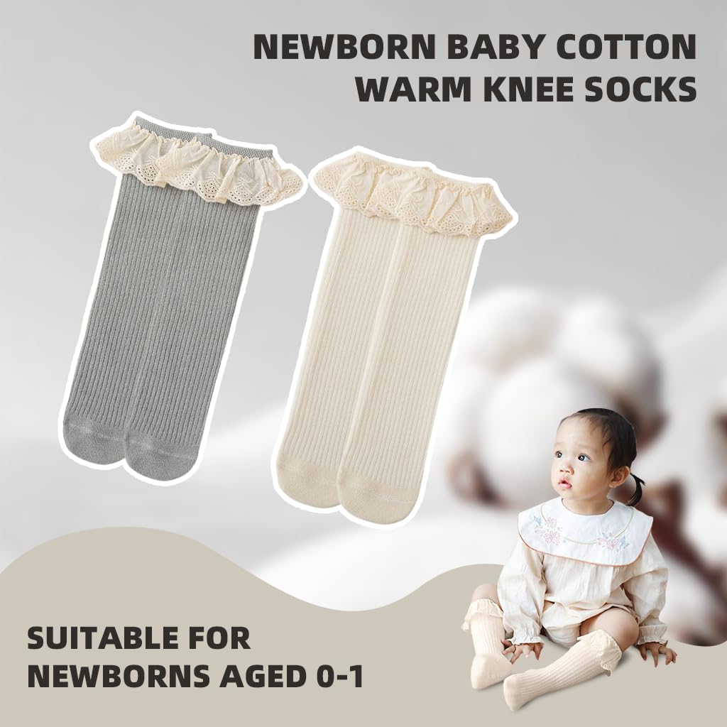 SNOWIE SOFT Baby Socks 2 Pairs for Newborn Girls with Lace Edge and Elastic Cuffs | Soft Cotton Knee High Design