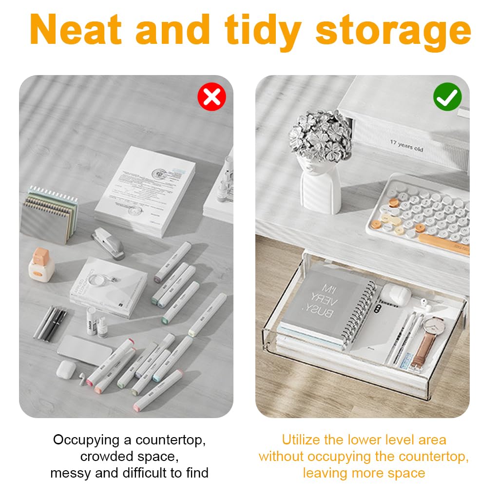 OFIFO Under Desk Drawer Organizer for Office Storage with Smooth Sliding Pull Out 7.8x12.2x3.3 in | Transparent PET Design