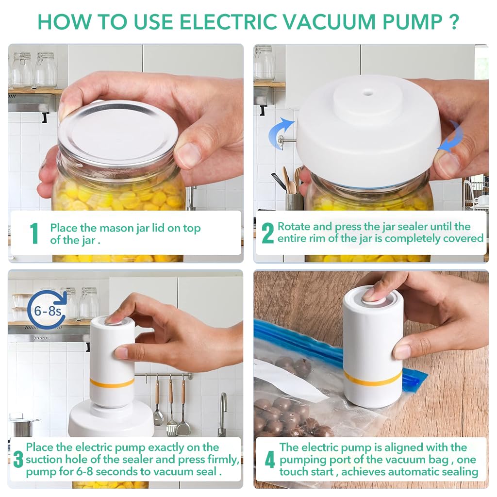 Supvox® Mason Jar Vacuum Sealer Kit Electric Jar Sealer and Hose Compatible with Food Saver Vacuum Sealer Machine for Wide & Regular Mouth Mason Jar, with Electric Vacuum Pump and Lid Opener