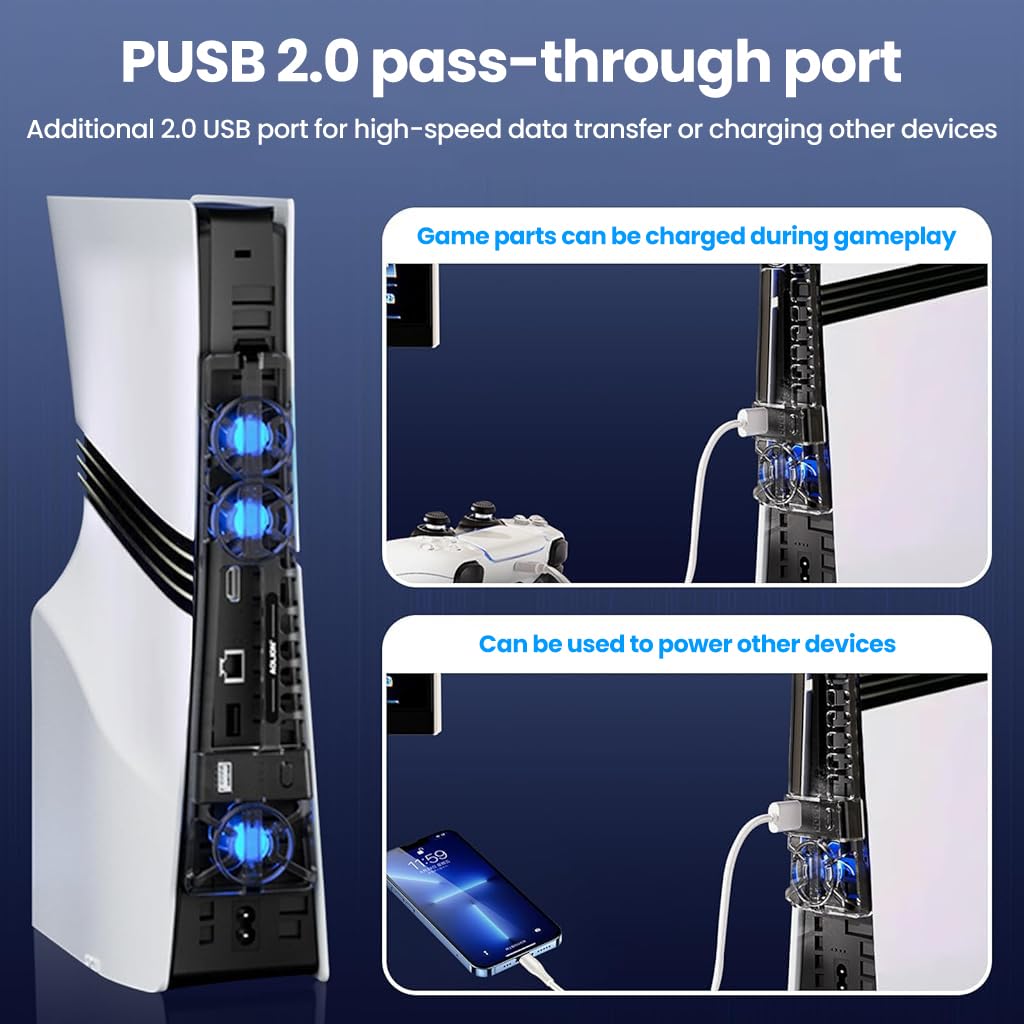 HASTHIP Cooling Fan for PS5 Pro and Slim with 3-Speed Control and Automatic Temperature Detection | LED Triple-Fan USB Accessory