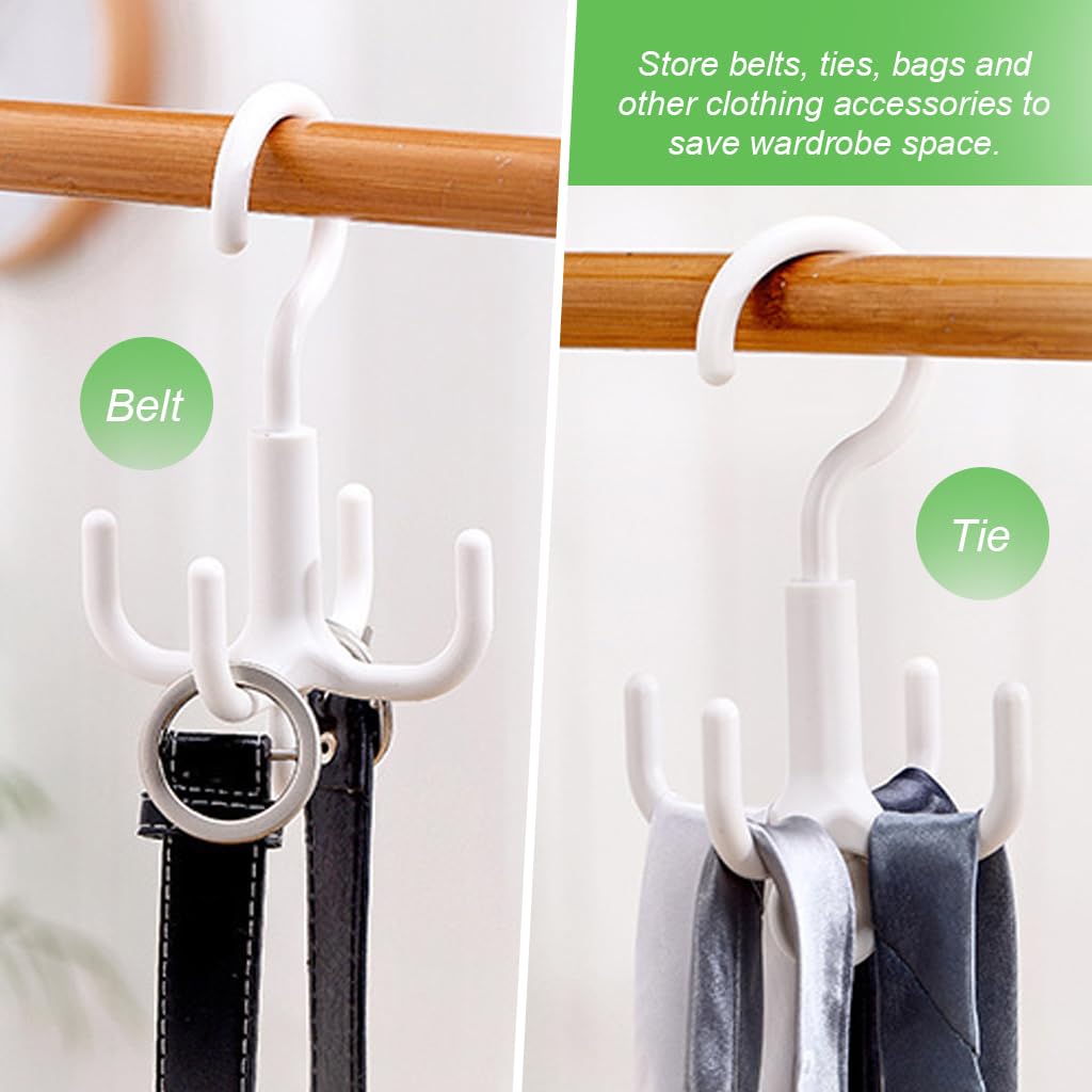 ZIBUYU Closet Hanging Organizer Hangers for Clothes and Accessories featuring 360 Degree Rotatable 4 Claw Hooks | White 2 Pcs Set