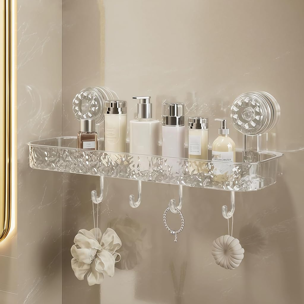 HASTHIP Bathroom Toiletries Organizer Tray for Wall Mount Storage with 4 Hooks and Quick Drainage | Clear Textured 36x10x3.5cm Design