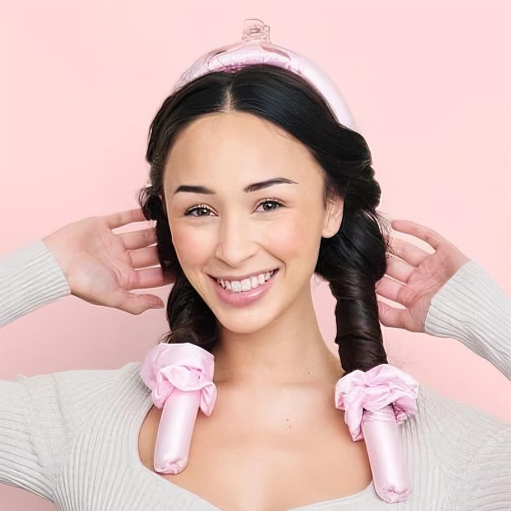 ZIBUYU Heatless Curler for Women with Hair Claw Clip and 2 Scrunchies | Soft Pink Overnight Waves