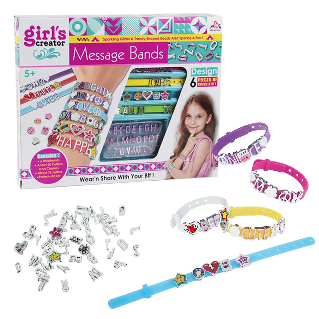 PATPAT DIY Bracelet Making Kit for Girls with 6 Silicone Bands and 48 Letter Charms | Creative Gift for Kids