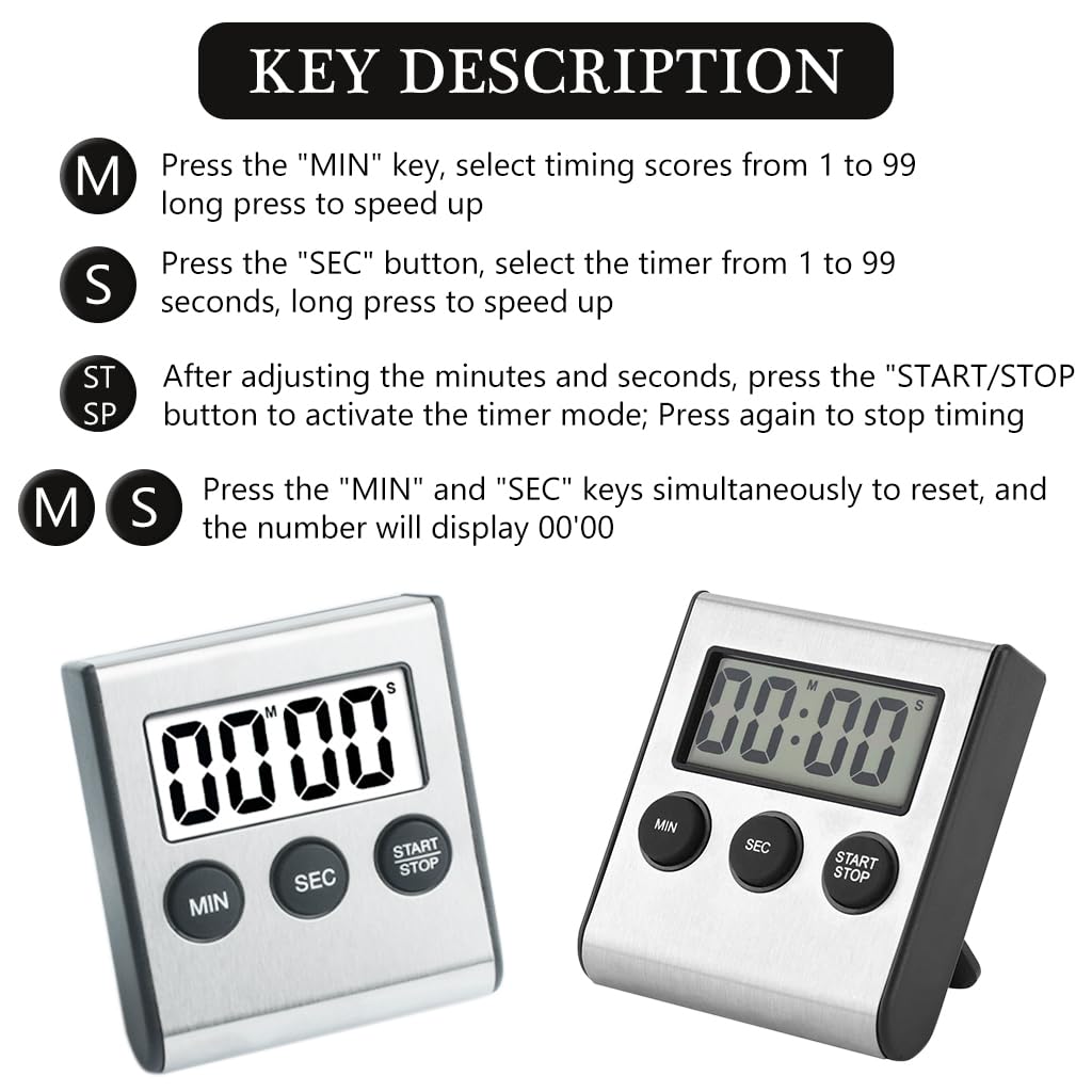 HASTHIP® Kitchen Timer Digital Countdown, Magnetic Countdown Digital Timer  with LCD Display, Stainless Steel Loud Alarm for Cooking Baking Gym Students