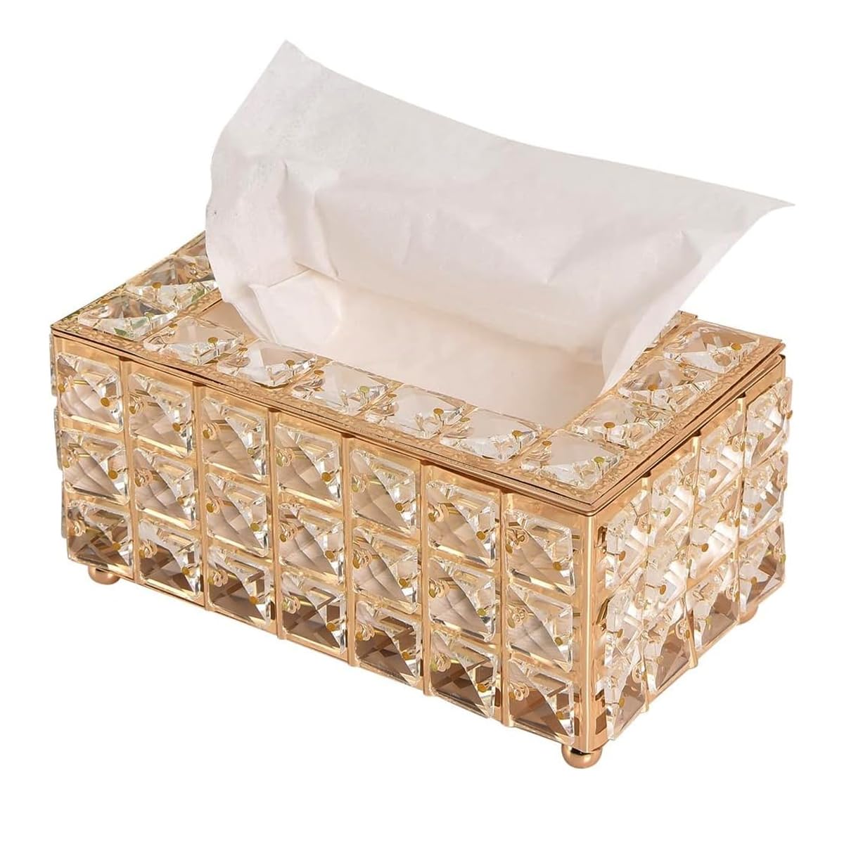 HASTHIP Tissue Box Holder for Home and Car with Crystal Glass Beads 7.4x4.3x3.9 in | Elegant Gold Finish