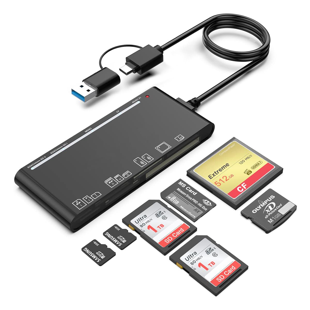 ZORBES USB Card Reader for CF SD MS XD and TF Cards featuring Dual USB C Interface | 7 in 1 High Speed 3.0 with Indicator Lights