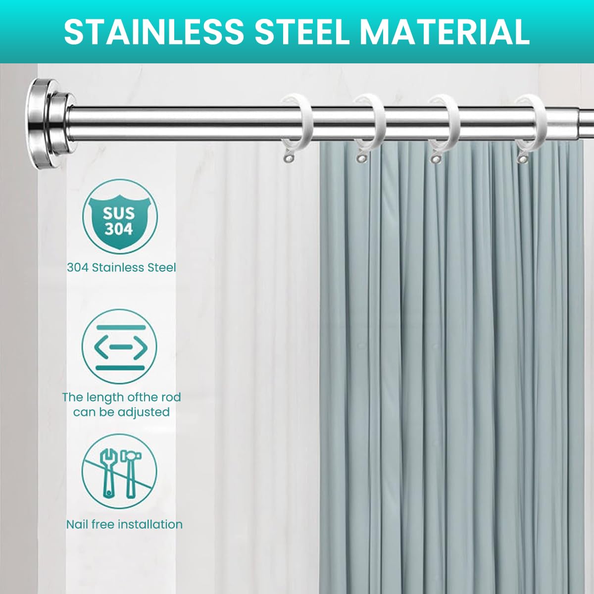 Supvox Retractable Curtain Rod for Windows and Wardrobes featuring No Drill Tension Design 85Cm to 140Cm Stainless Steel