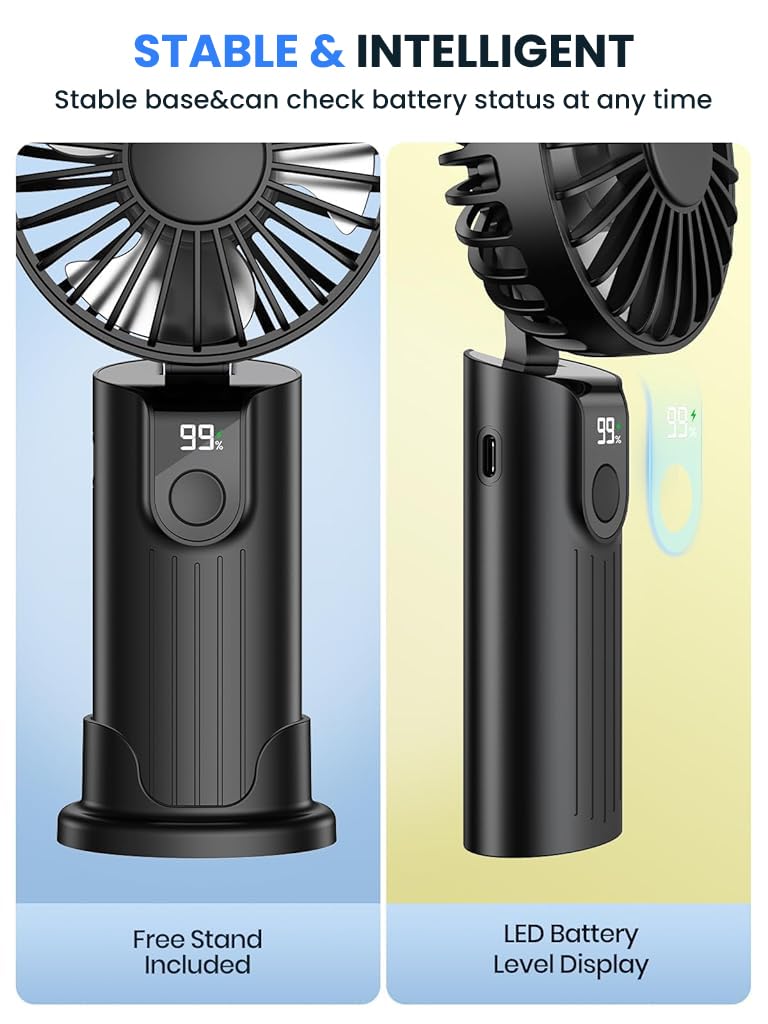 Verilux USB Handheld Fan for Travel and Office with 5000mAh Battery | Detachable Neck Strap