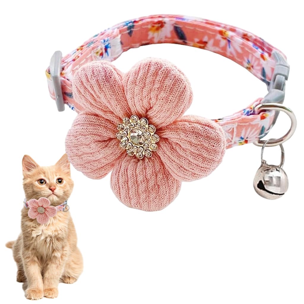 Qpets Cute Flower Cat Collar with Bell featuring Quick Release Buckle and Soft Pink Plush