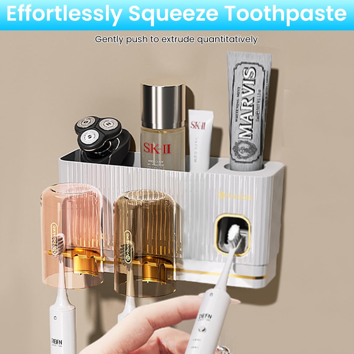 Supvox Toothbrush Holder for Bathroom with 2 Slot Automatic Toothpaste Dispenser Kit | No Drill Wall Mounted Organizer