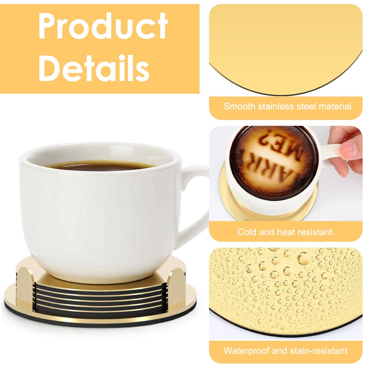 ZIBUYU Coasters Set for Home and Office with Holder featuring Gold Stainless Steel | 6 Pieces