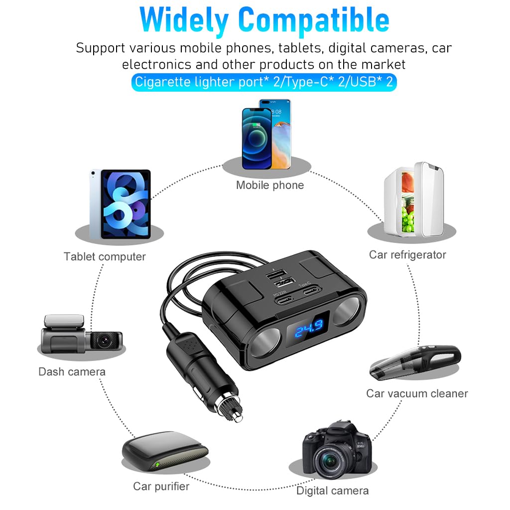 STHIRA Car Charger, 60W Cigarette Lighter Splitter with PD 22W Type-C, QC USB Ports, 12V/24V Car Charger Car Lighter Adapter with LED Voltage Display Car Charger Fast Charging for GPS Phone