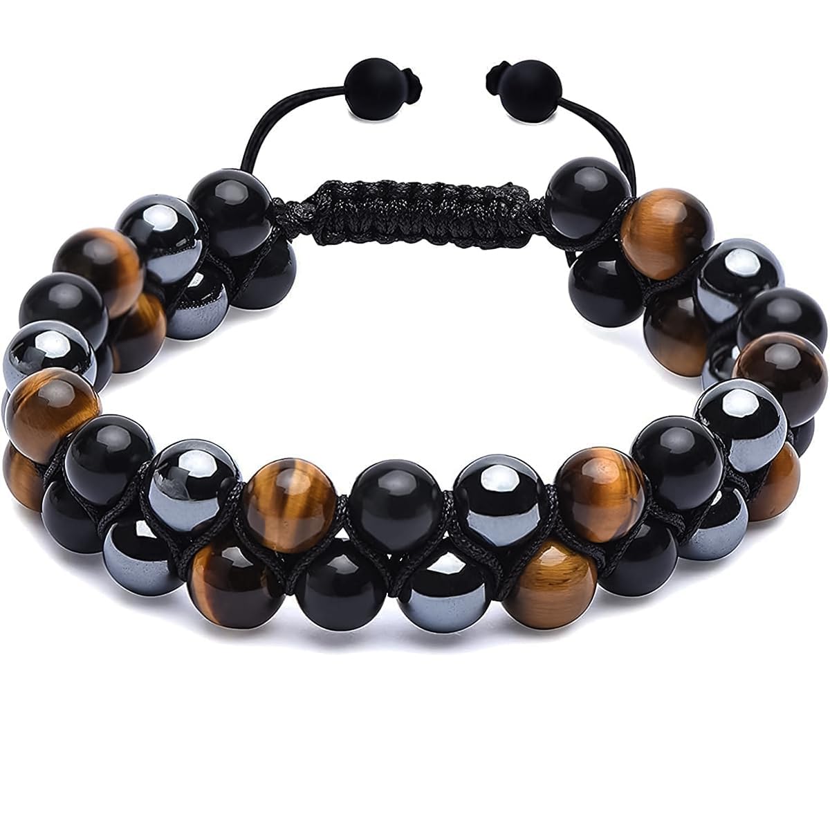 Venzina® Beads Bracelet for Women, Men Stylish Hematite Black Obsidian Tiger Eye Stone Bracelet, Natural Agate Beads Round Healing Crystal Bracelets for Triple Protection, Good Luck & Success, 8mm - 1