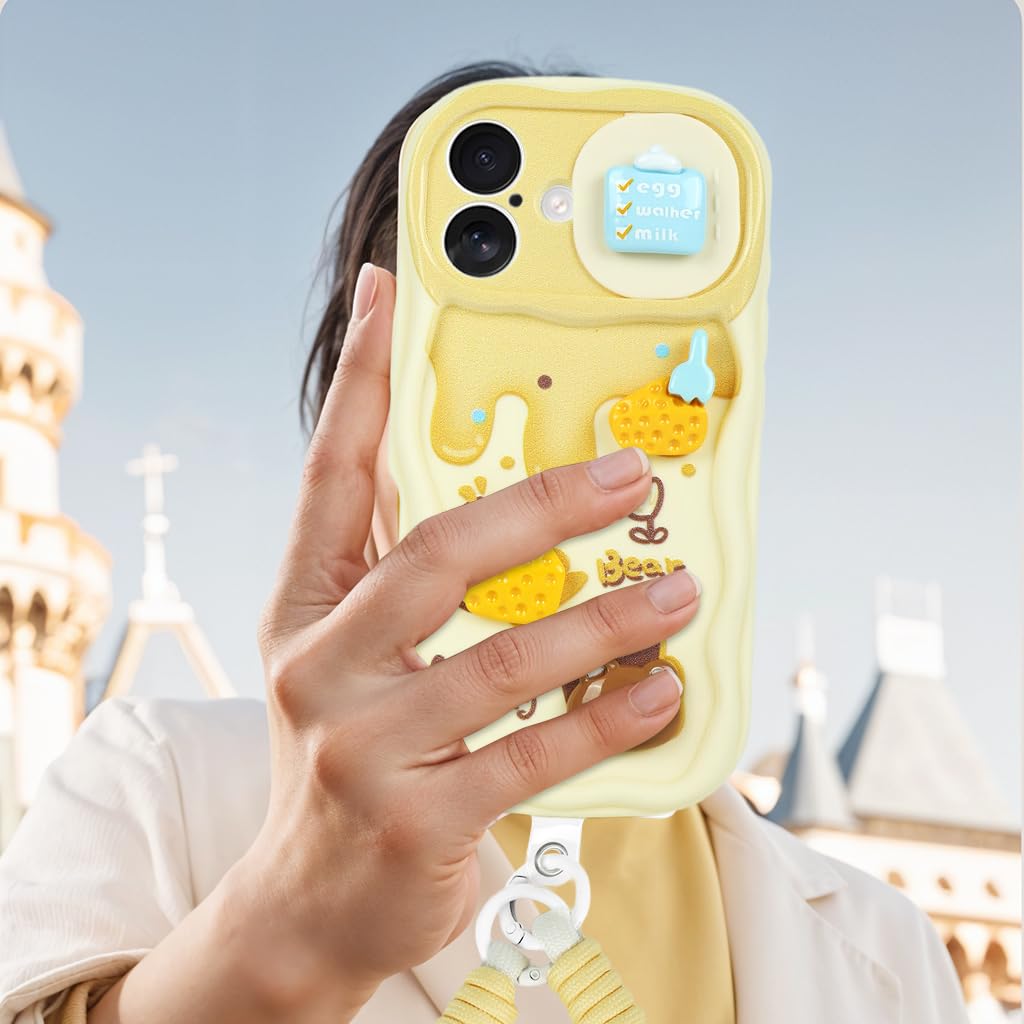 ZORBES Phone Case for iPhone 16 with 3D Butter Little Bear Design and Camera Lens Sliding Cover | Silicone Protective Case with Lanyard for Girls