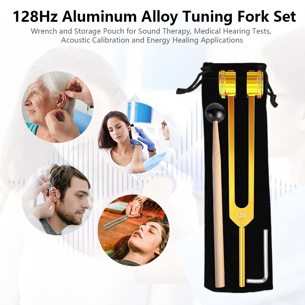 HASTHIP 128Hz Tuning Fork Set for Sound Therapy with Ergonomic Balance and Aluminum Alloy | Includes Rubber Hammer and Wrench